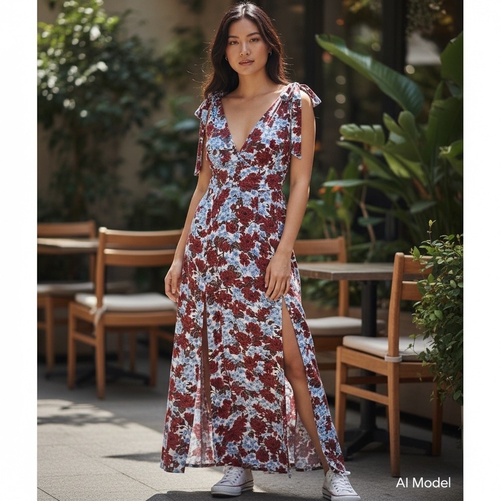 Zara Basic Maxi Dress Women XS‎ Red Blue Floral Tie Shoulder Boho Slit Sundress